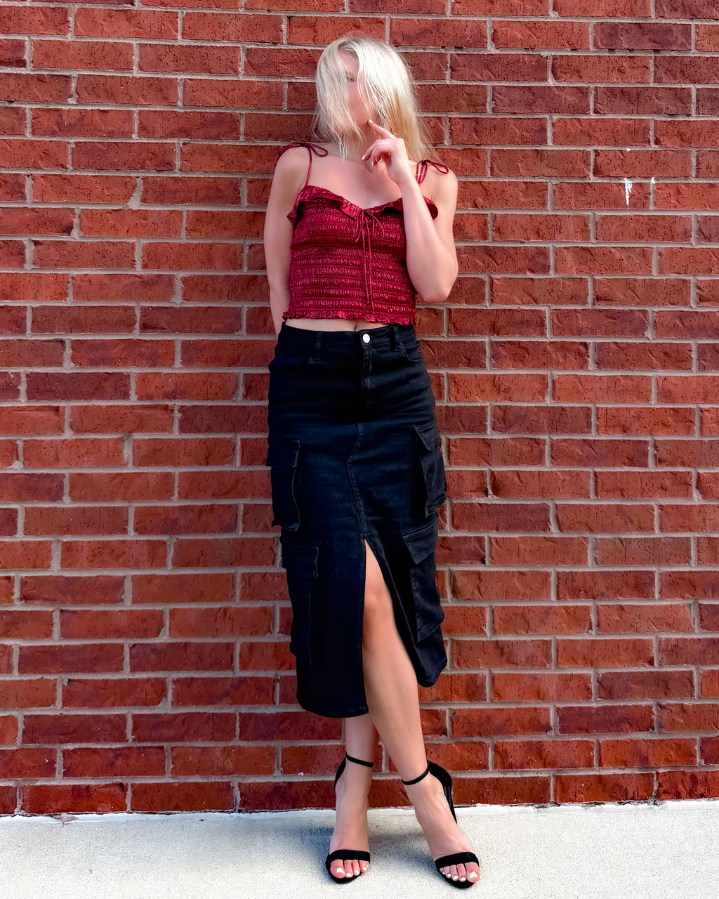 Catalina Cargo Black Denim Midi Skirt