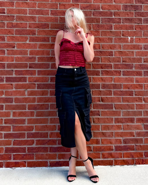 Catalina Cargo Black Denim Midi Skirt