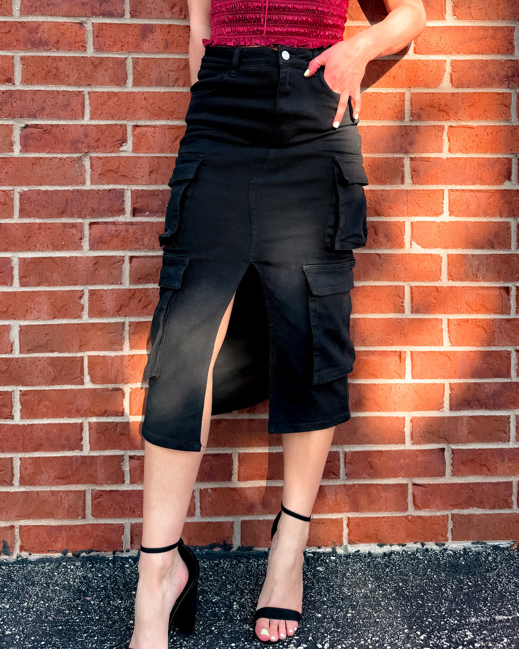 Catalina Cargo Black Denim Midi Skirt
