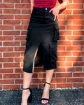 Catalina Cargo Black Denim Midi Skirt