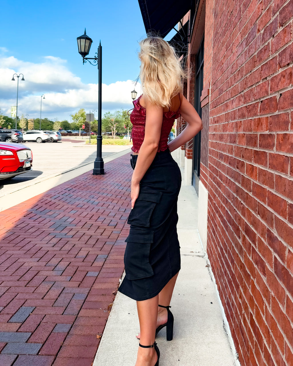 Catalina Cargo Black Denim Midi Skirt