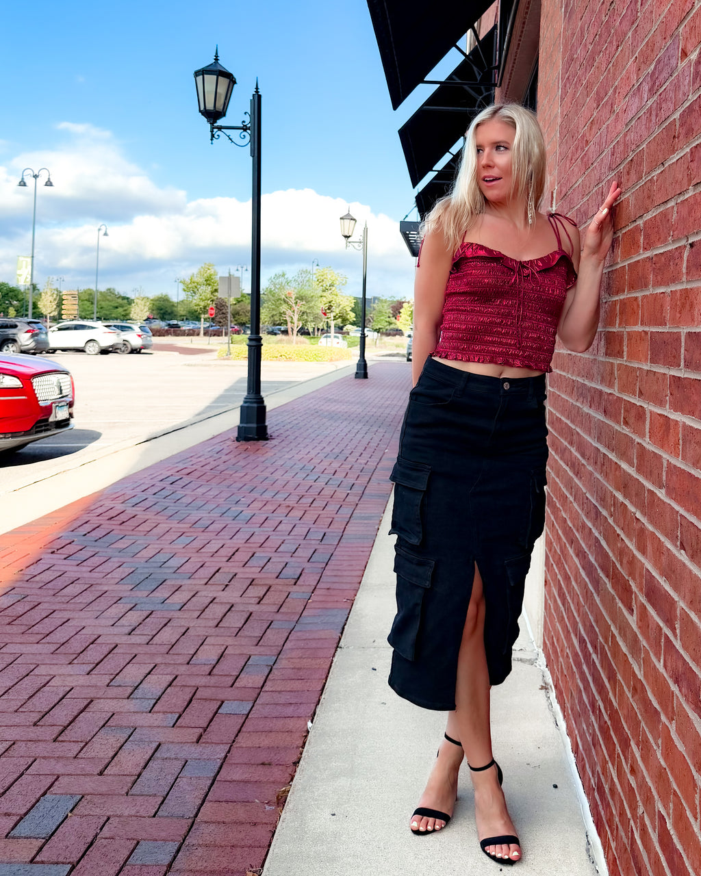 Catalina Cargo Black Denim Midi Skirt