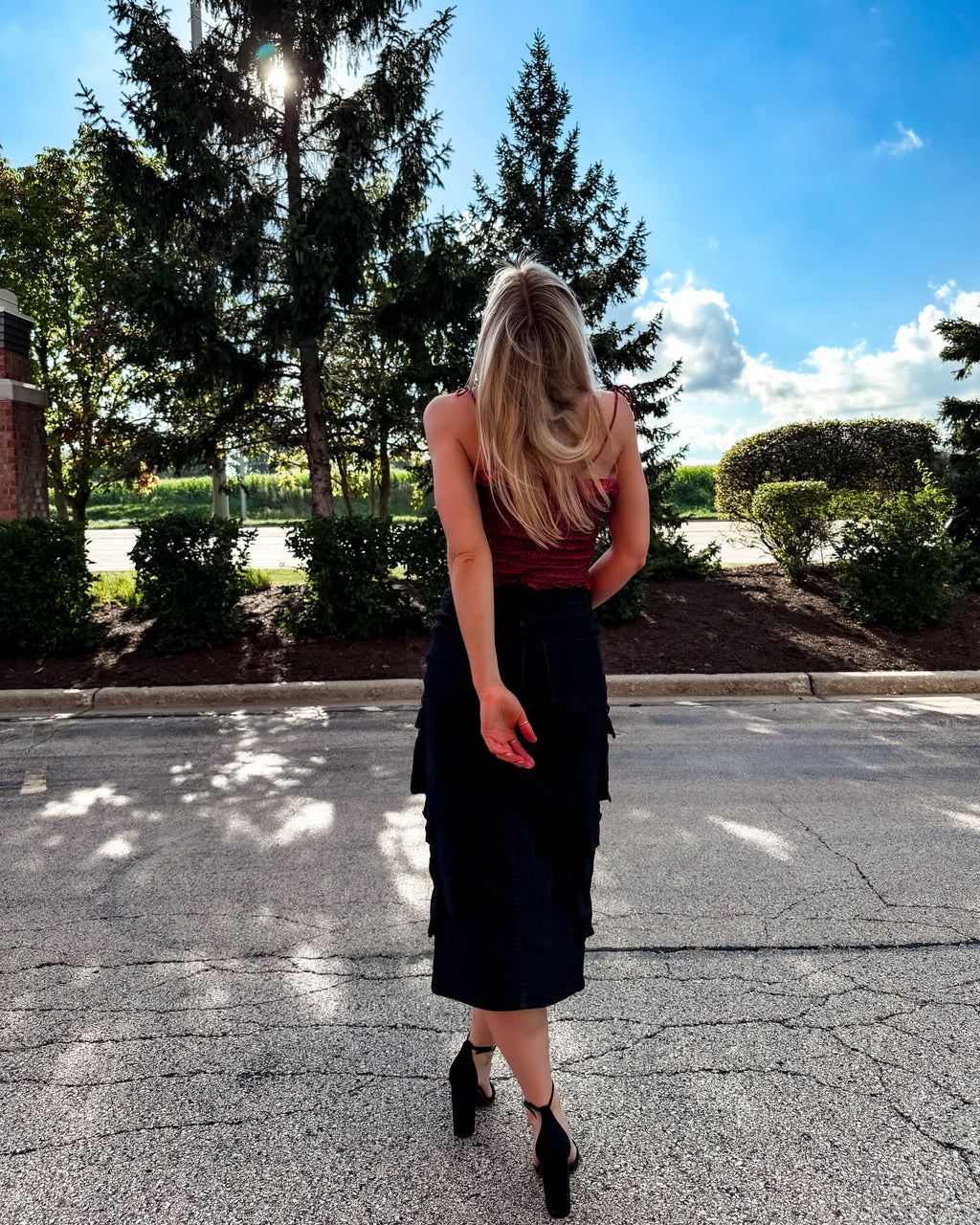 Catalina Cargo Black Denim Midi Skirt