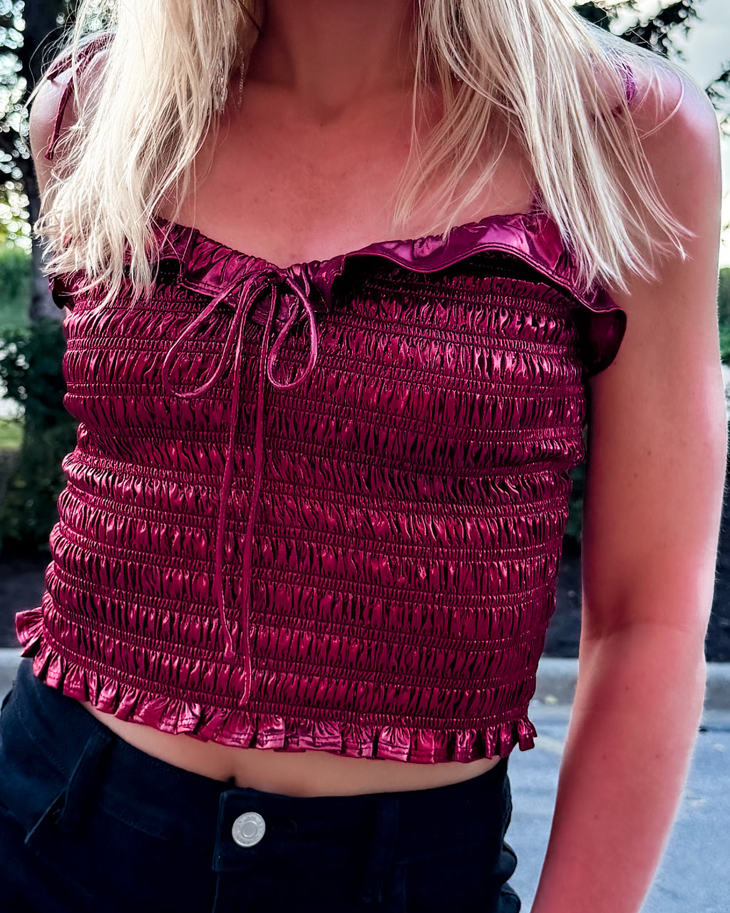 London Lurex Smocked Burgundy Tie-Strap Top