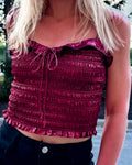 London Lurex Smocked Burgundy Tie-Strap Top