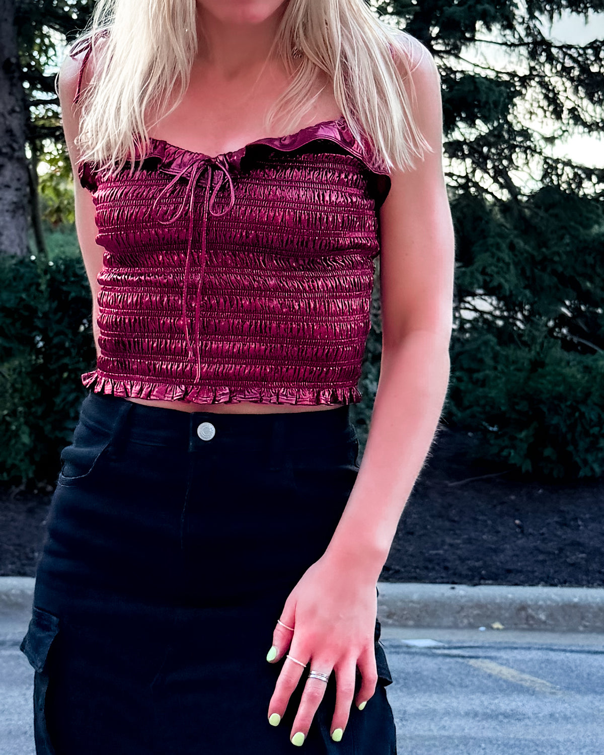 London Lurex Smocked Burgundy Tie-Strap Top